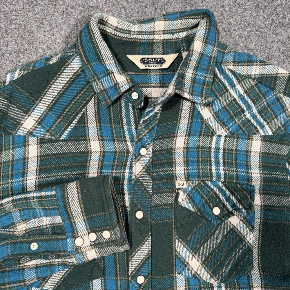 Salt Valley Western Plaid Green Blue Snap Shirt Large